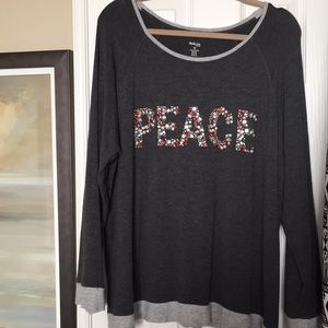SALE! Grey top with PEACE embellishments. Size 2X